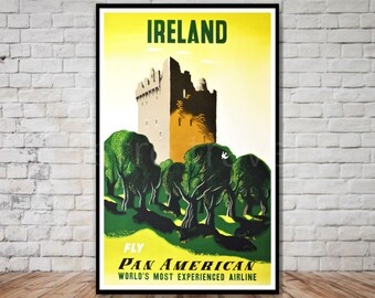 Ireland Travel Poster, Fly Pan American, INSTANT DOWNLOAD, retro travel digital print, printable poster, irish castle print, travel wall art
