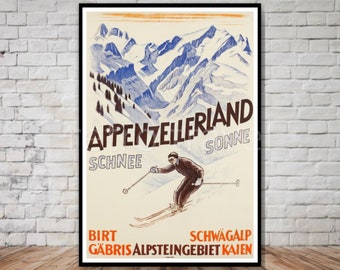 Appenzellerland Switzerland Ski Poster, INSTANT DOWNLOAD, printable swiss ski poster, ski travel poster, switzerland travel poser download