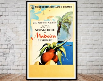 Lloyd Bremen Cruise to Madeira Portugal Poster, INSTANT DOWNLOAD, retro travel poster download, printable travel poster, cruise ship print