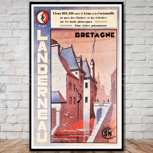 Landerneau Brittany France Travel Poster, DOWNLOAD INSTANTÂNEO, impressão digital de viagem retrô, pôster imprimível, impressão art déco francesa, arte de parede