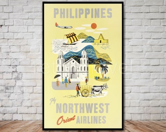 Philippines Travel Poster, INSTANT DOWNLOAD, retro travel digital print, northwest airlines poster, vintage travel poster download