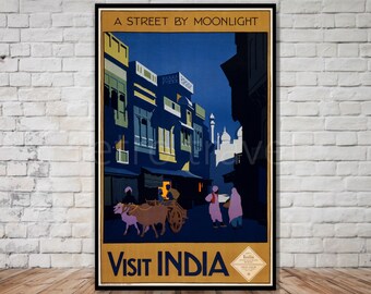 Visit India Travel Poster, A Street by Moonlight, INSTANT DOWNLOAD, printable travel poster download, retro travel digital, india download