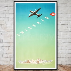 Póster de viaje SWISSAIR, DESCARGA INSTANTE, Impresión digital de viaje retro, Póster imprimible de Suiza vintage, Arte de pared de los Alpes suizos