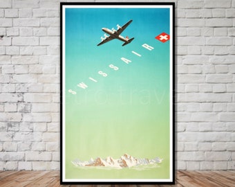 SWISSAIR Travel Poster, INSTANT DOWNLOAD, retro travel digital print, vintage swizterland printable poster, swiss alps wall art