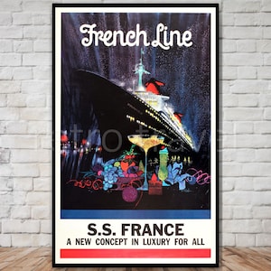 Póster del crucero de lujo SS France de French Line, DESCARGA INSTANTÁNEA, descarga de póster de viaje retro, póster de viaje imprimible, impresión de crucero
