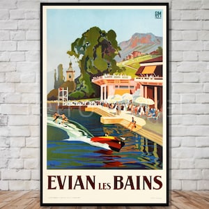 Evian Les Bains France Travel Poster, INSTANT DOWNLOAD, french spa town, water ski poster, retro travel digital print, vintage travel poster