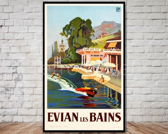 Evian Les Bains France Travel Poster, INSTANT DOWNLOAD, french spa town, water ski poster, retro travel digital print, vintage travel poster