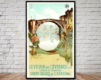 Cartel de viaje de Le Vigan France, DESCARGA INSTANTE, puente del canal francés, parque de cévennes, impresión digital de viaje retro, cartel de viaje vintage