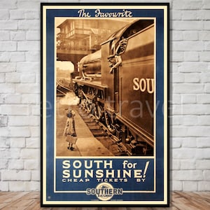 Südbahn Poster, SOFORTIGER DOWNLOAD, druckbares Zugreiseplakat der 1920er Jahre, Südeisenbahn Großbritannien, Zugreiseplakat
