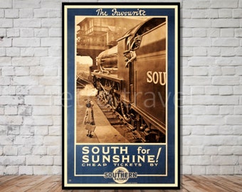 Cartel de viaje del ferrocarril del sur, DESCARGA INSTANTE, cartel de viaje en tren imprimible de la década de 1920, ferrocarril del sur de Gran Bretaña, cartel de viaje en tren