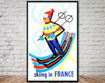 France Skiing Travel Poster, vintage ski poster, INSTANT DOWNLOAD, vintage skiing poster, french ski poster, retro travel digital print