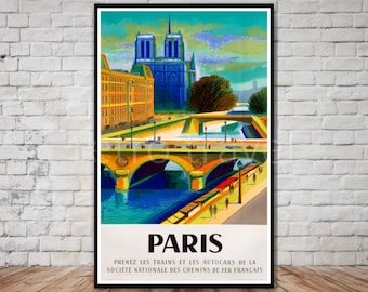 Paris Travel Poster, INSTANT DOWNLOAD, retro travel digital print, paris france travel poster download, french national railway company