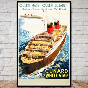 Queen Mary Queen Elizabeth Cunard White Star Cruise Ship Poster, INSTANT DOWNLOAD, retro reizen digitale print, afdrukbare poster, 11x17 12x18