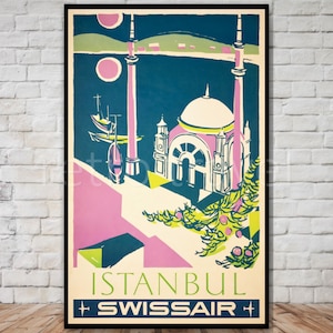SwissAir Istanbul Travel Poster, SOFORT DOWNLOAD, Retro Reise Digitaldruck, Vintage Istanbul druckbares Poster, Istanbul Türkei Wandkunst