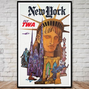 Vintage New York Travel Poster, INSTANT DOWNLOAD, Fly TWA Poster, printable poster download, statue of liberty poster, colorful new york art