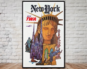 Poster di viaggio vintage Fly TWA per New York (scaricabile in formato stampabile)