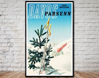 Parsenn Ski Resort, Davos Switzerland Printable Poster, INSTANT DOWNLOAD, vintage ski poster download, switzerland travel poster print