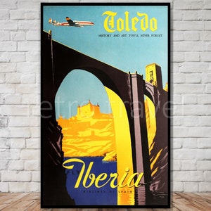 Iberia Airlines, Cartaz de viagens de Toledo Espanha, DOWNLOAD INSTANTÂNEO, impressão digital de viagens retrô, pôster de companhia aérea vintage, pôster de viagens em espanhol