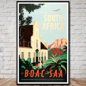 Cartel de viaje de Fly to South Africa, DESCARGA INSTANTÁNEA, british overseas airways corporation, south african airways, impresión digital de viajes retro