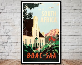 Fly to South Africa Travel Poster, INSTANT DOWNLOAD, british overseas airways corporation, south african airways, retro travel digital print