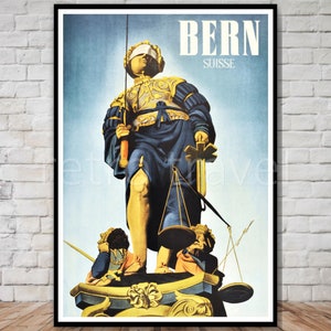 May include: Vintage travel poster featuring a statue of a blindfolded figure holding a sword and scales of justice. The poster is blue, yellow, and white with the text "BERN SUISSE" at the top.