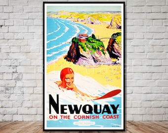 Newquay Cornwall England Travel Poster, INSTANT DOWNLOAD, beach travel poster, bathing beauty, surfing woman, printable poster download
