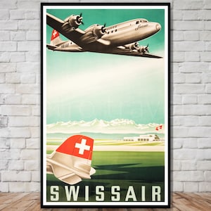 Swissair Airplane Travel Poster, DESCARGA INSTANTÁNEA, impresión digital de viajes retro, póster vintage suizo imprimible, arte de pared de avión vintage
