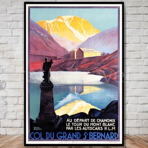 Cartaz de viagem Col Du Grand St Bernard Suíça, DOWNLOAD INSTANTÂNEO, grande passe de São Bernardo, pôster de viagem para impressão, estátua de São Bernardo