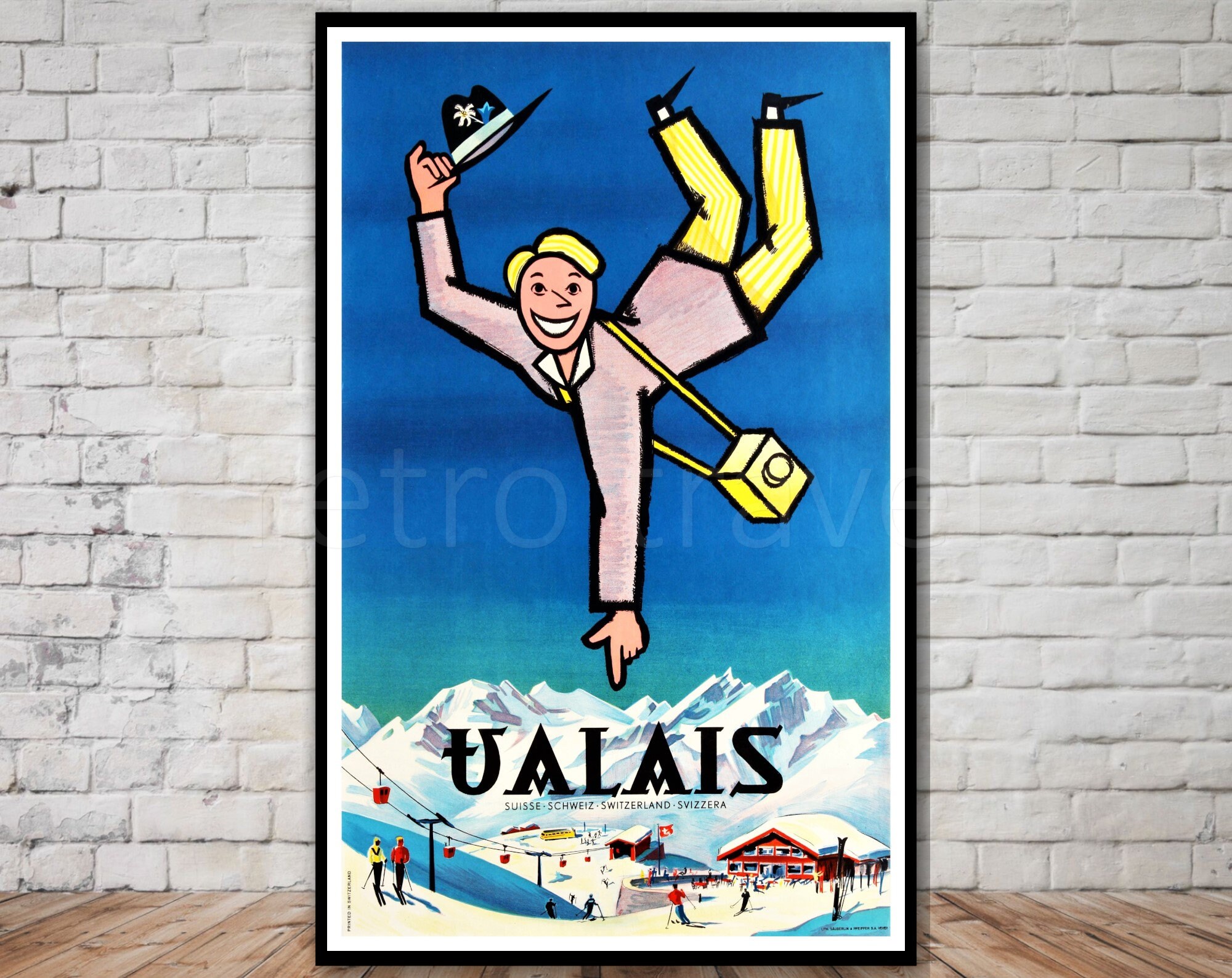 Valais  Vintage 1950 Mid Century Modern Lithograph Print Framed Swiss  Travel Poster