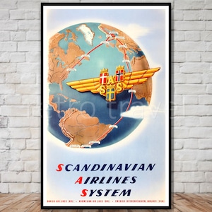 Scandinavian Travel Poster, Scandinavian Airlines Travel Print, INSTANT DOWNLOAD, retro travel digital print, printable poster, wall art