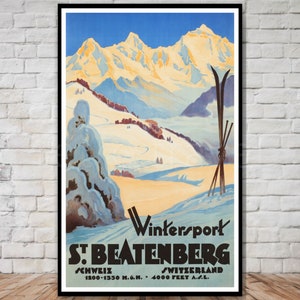 Cartel de viaje de St. Beatbenberg Suiza, DESCARGA INSTANTE, cartel de viaje de invierno, descarga de cartel de esquí imprimible, deportes de invierno, 11x17, 12x18