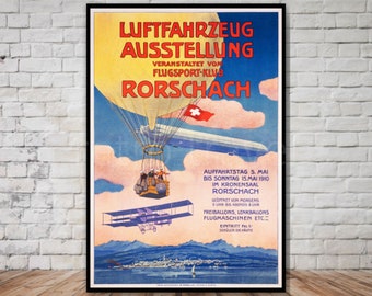 Rorschach Switzerland 1910 Aviation Festival Poster, INSTANT DOWNLOAD, zeppelin, biplane, hot air balloon, retro travel digital print
