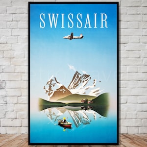 Póster de viaje vintage de Swiss Air, DESCARGA INSTANTÁNEA, impresión digital de viaje retro, póster de avión imprimible, arte de pared de bote de remos en las montañas