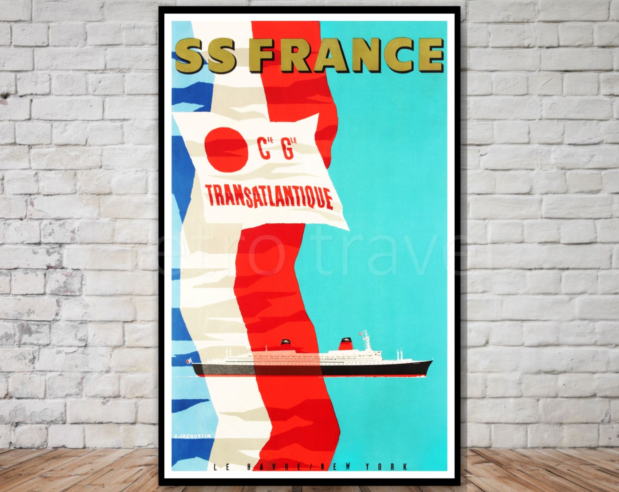 SS France Ocean Liner Poster, INSTANT DOWNLOAD, Le Havre to New York, transatlantic ocean liner, printable travel poster download