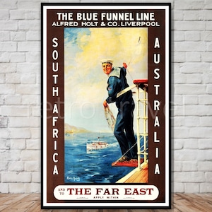 Ocean Liner Poster Download, Blue Funnel Line, INSTANT DOWNLOAD, South Africa, Australia, The Far East, vintage travel poster download