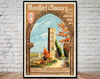 Póster turístico de Montfort l'Amaury, Francia, arte vintage de castillos (descarga digital)