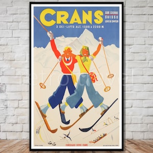 Cartel de viaje de Crans Suiza, descarga instantánea, cartel de esquí de viaje retro, descarga de cartel de viaje suizo, cartel imprimible de Suiza