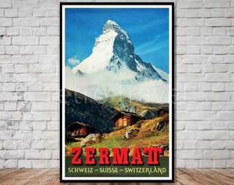 Zermatt Switzerland Travel Poster, INSTANT DOWNLOAD, zermatt digital download, vintage zermtt switzerland poster, snow covered mountains