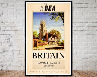 Britain Travel Poster download, Fly BEA British European Airways, INSTANT DOWNLOAD, retro travel print, stoke by nayland, suffolk england