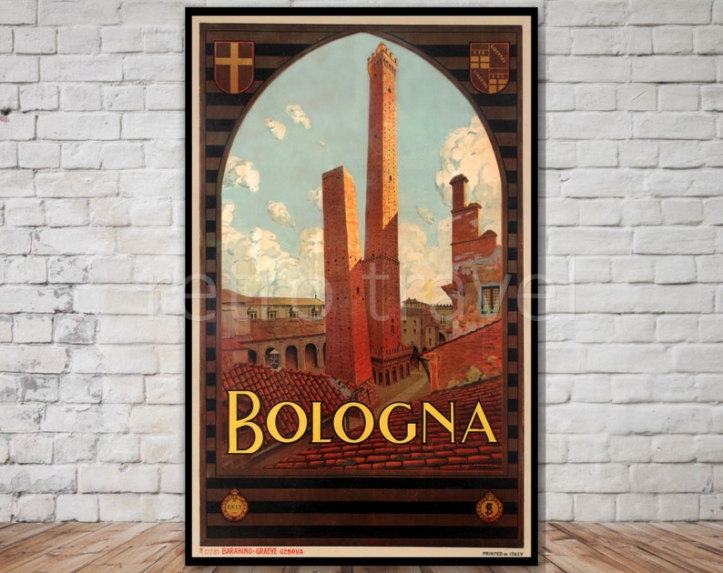 May include: Vintage travel poster advertising Bologna, Italy. The poster features a colorful illustration of the city's iconic towers, including the Asinelli Tower and the Garisenda Tower, against a blue sky with white clouds. The text "BOLOGNA" is prominently displayed in yellow letters.