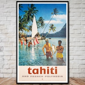 Cartel de viaje de Tahití, DESCARGA INSTANTE, descarga de cartel de viaje de playa de Tahití vintage de la década de 1950, cartel imprimible, viaje retro, mediados de siglo