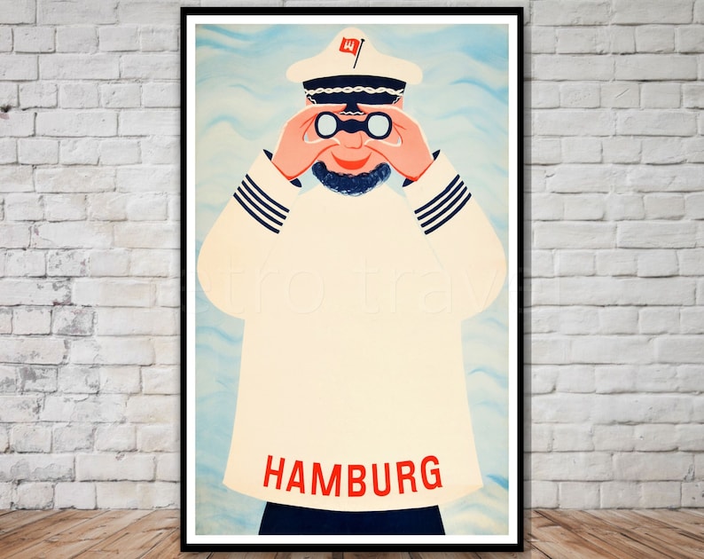 May include: Vintage nautical poster featuring a sailor in a white uniform and cap, holding binoculars. The poster has the word "HAMBURG" in red at the bottom. The background has blue wavy lines, and the poster is framed in black.