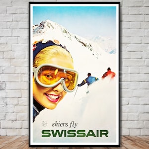 Skiers Fly Swissair, Vintage Ski Poster, SOFORTIGER DOWNLOAD, druckbares Reiseplakat, Schweiz Skireisen Poster Download, Retro Skifahrer Kunst