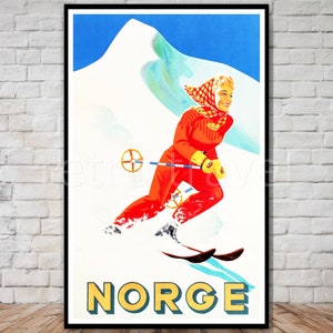 ノルウェー ノルウェー スキー ポスター、即時ダウンロード、ビンテージ スキー ポスター ダウンロード、レトロ スキー 女性、ノルウェー旅行ポスター ダウンロード、10x16、11x17、12x18