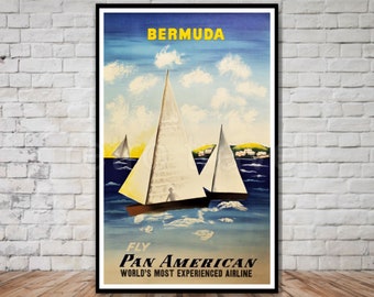Bermuda Travel Poster, Vintage Pan American Airline, Sailboat Art (Instant Download)
