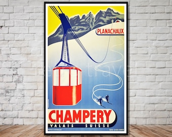 Champery Switzerland Travel Poster, INSTANT DOWNLOAD, ski lift poster, valais suisse, printable poster, switzerland wall art