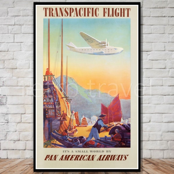 Pan Am Transpacific Flight, Airline Travel Poster, INSTANT DOWNLOAD, pan american airways, usa to asia, rétro travel digital print