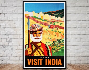Póster turístico de Jaipur, India, arte mural retro (descarga digital)