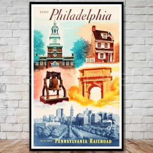 Affiche de voyage de Philadelphie, TÉLÉCHARGEMENT IMMÉDIAT, chemin de fer de Pennsylvanie, téléchargement d'affiche de philadelphie vintage, impression numérique de voyage rétro