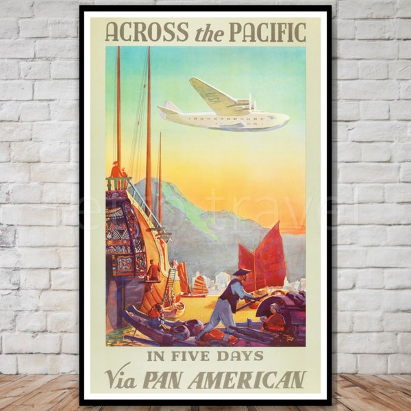 Pan Am Travel Poster, Across the Pacific, INSTANT DOWNLOAD, 1930s air travel to asia travel poster, china travel poster, vintage asia poster